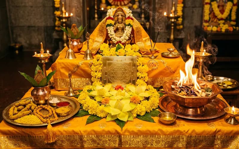 Baglamukhi Puja Pitambara yellow silk altar with sacred brass yantra, yellow lotus flowers, haldi mala and glowing copper havan kund