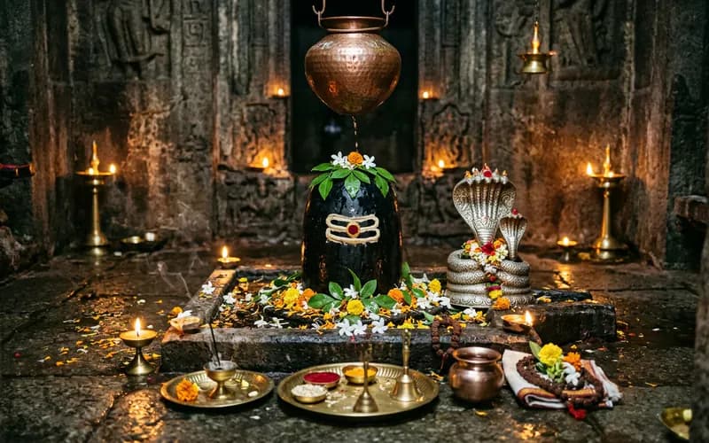 Kaal Sarp Dosha Nivaran Puja sacred Shiva Lingam adorned with bilva leaves, silver Nag-Nagin pair, copper abhishekam vessel and brass diyas