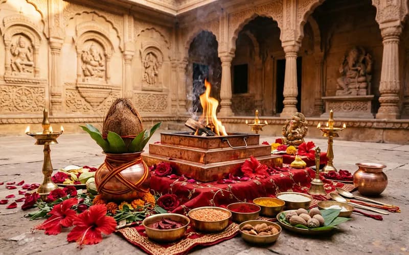 Mangal Dosha Nivaran Puja sacred copper havan kund with Vedic fire, red hibiscus flowers, kalash and traditional offerings