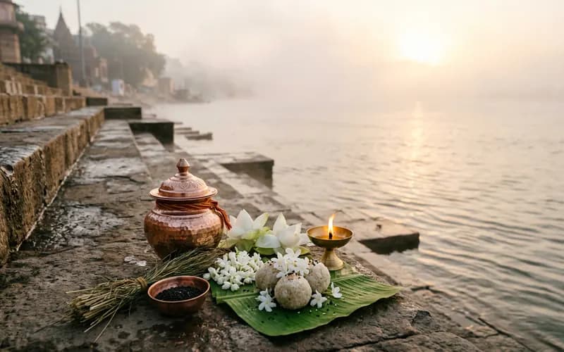 Pitru Shanti Puja copper kalash, sacred kusha grass, black sesame, white lotus flowers and traditional offerings at dawn river ghat
