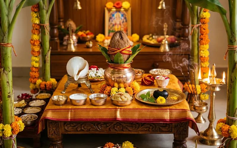Satyanarayan Puja sacred altar with brass kalash, mango leaves, coconut, white shankha, tulsi leaves, marigold garlands and panchamrit