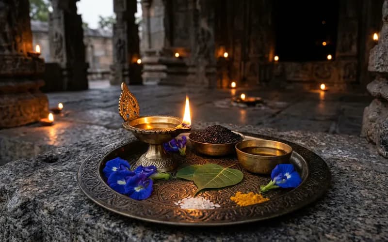 Shani Shanti Puja traditional brass oil diya, black sesame seeds, mustard oil, blue aparajita flowers and peepal leaves