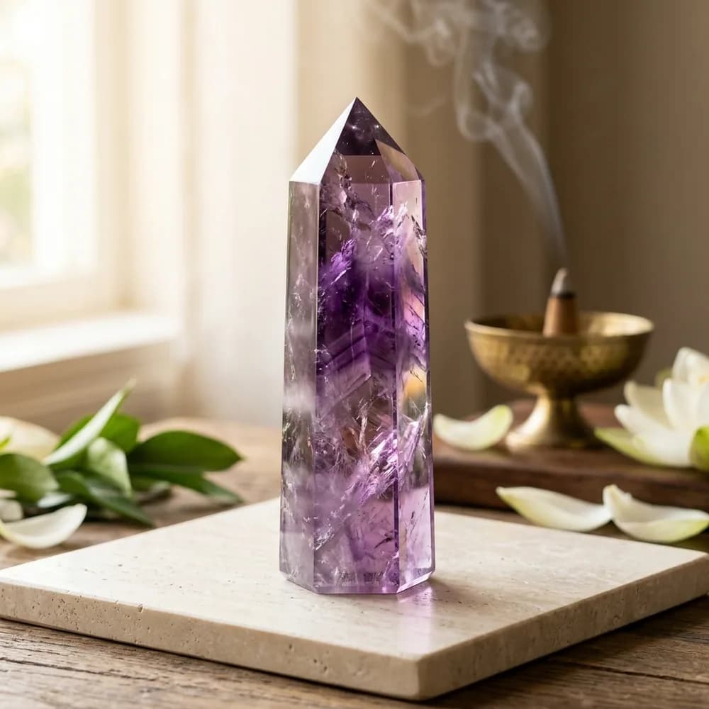 Natural Deep Violet Amethyst Six-Faceted Crystal Obelisk Tower