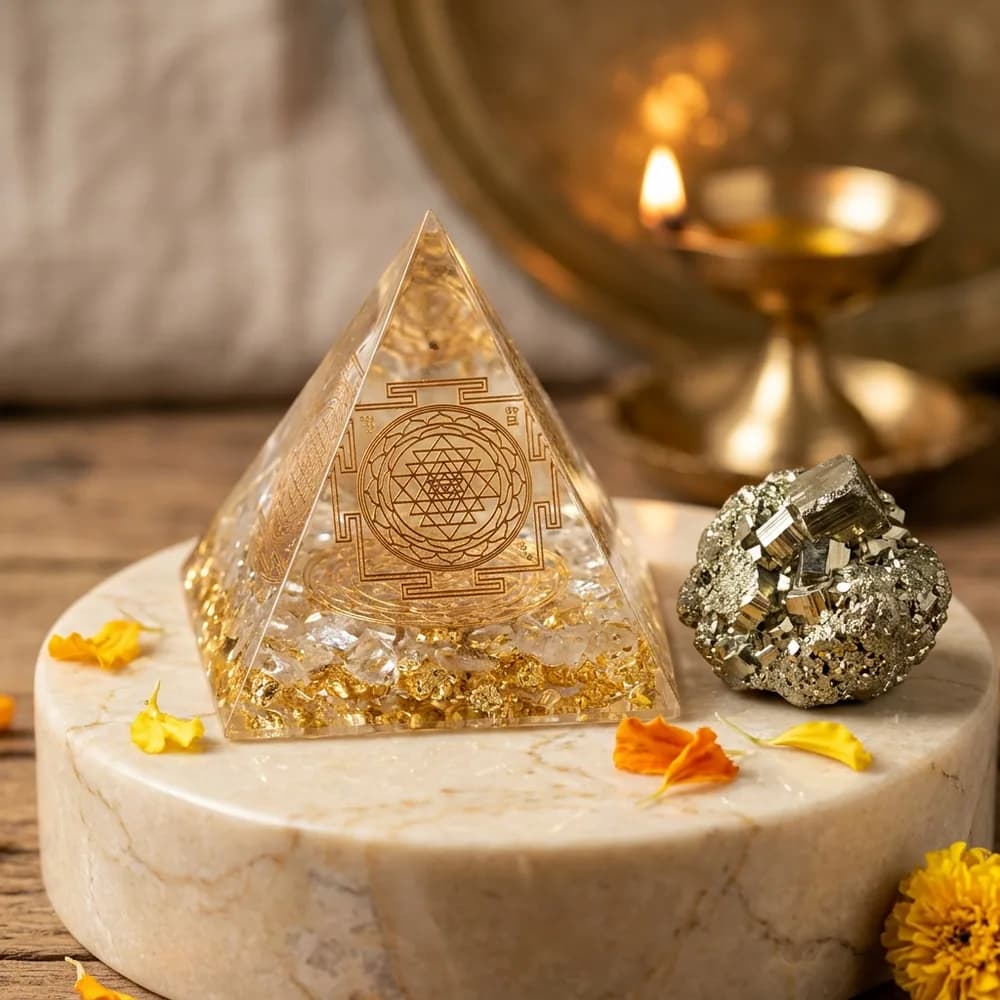 Lakshmi Yantra Vastu Pyramid with Free Raw Golden Pyrite Cluster