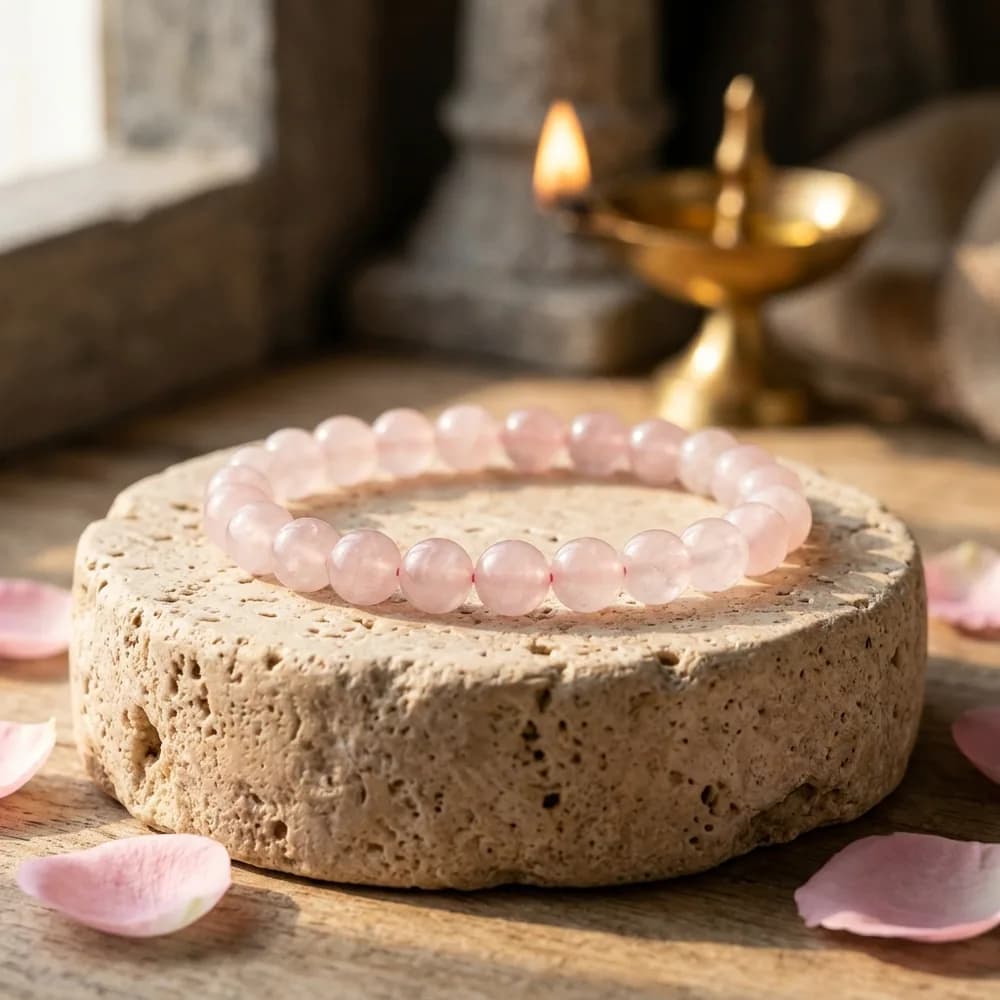 Love Attraction Natural Rose Quartz Crystal Bracelet on Sandstone Pedestal