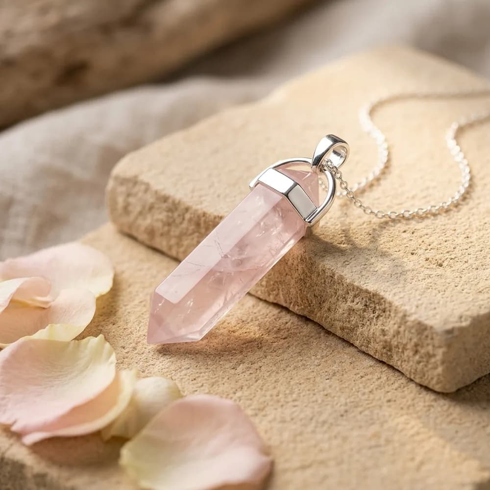 Natural Rose Quartz Hexagonal Point Pencil Pendant with Gold Chain